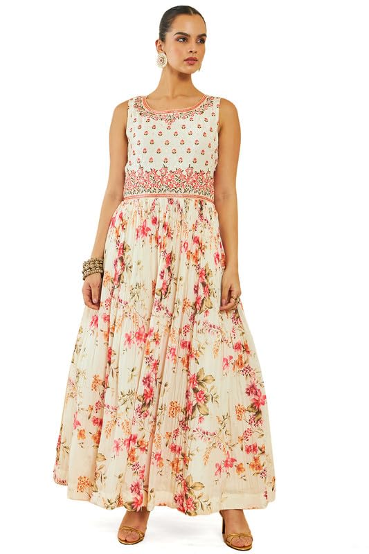 Soch Womens Off White Georgette Gown With Floral Print And Embroidery