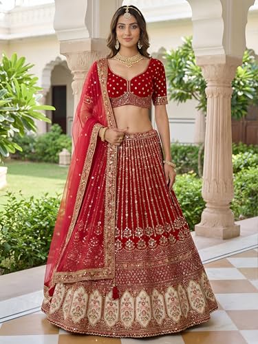 Zeel Clothing Women's Zari, Dori, and Resham With Sequins Embroidered Work Organza Lehenga Choli With Dupatta (5113-Maroon-Women-Lehenga-Choli-Latest; Free size)