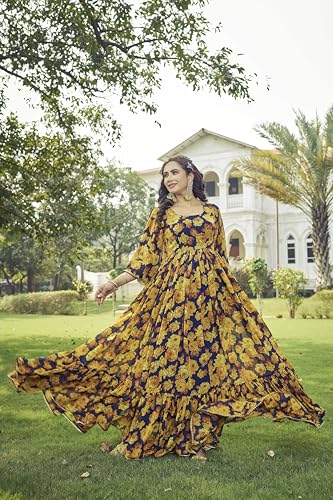 Samprag Georgette Gown for Women | Full Length | Printed | Fit & Flare | Flared & Bell Sleeves | Round Neck | Ethenic Dress | Ideal for Casual, Wedding & Party Occassions | Yellow | M