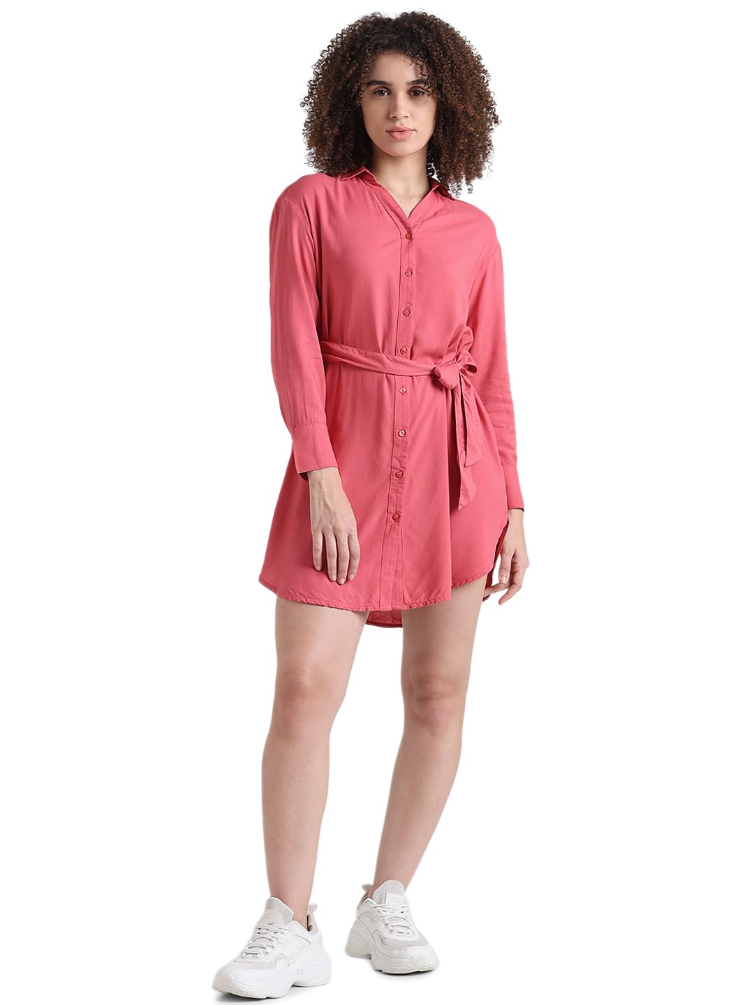 ONLY Women Solid Viscose Above Knee Pink Shirt Dress