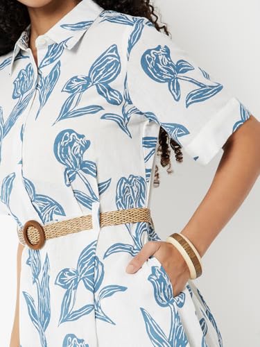 Max Women Printed Shirt Dress with Belt (White_S)