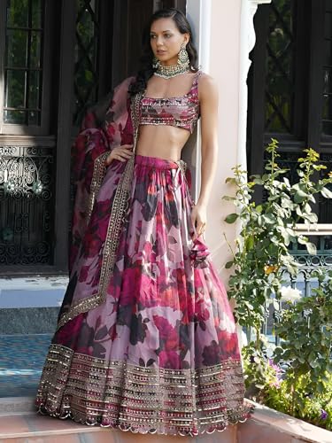 Zeel Clothing Women's Print and Sequins Embroidered Organza Lehenga Choli With Dupatta (7067-Pink-Women-Lehenga-Choli-Set, Free size) (Pink)
