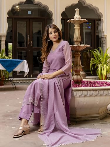 TRENDMALLS Women's Chanderi Siroski work Kurta Palazzo Set with Dupatta (G261-Purple-XXL)