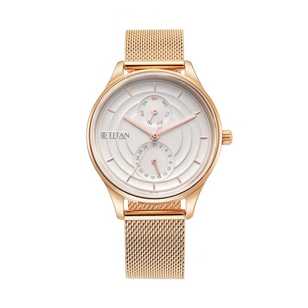 Titan Workwear Neo Workdays Quartz Multifunction Silver Dial Rose Gold Stainless Steel Strap Watch for Women - NT2670WM07