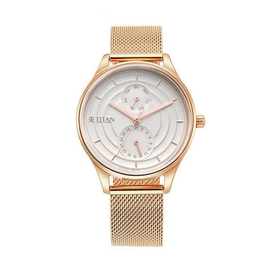 Titan Workwear Neo Workdays Quartz Multifunction Silver Dial Rose Gold Stainless Steel Strap Watch for Women - NT2670WM07