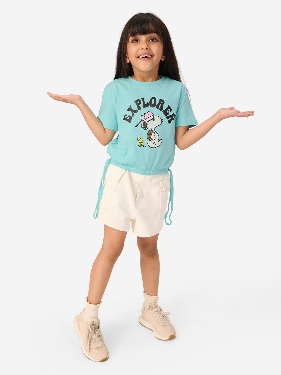The Souled Store|Official Peanuts: Explorer Kids and Girls T-Shirts| Regular fit Graphic Printed| Half Sleeve|100% Cotton Blue Color Girls Drawstring T-Shirts