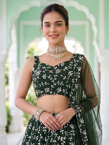 Zeel Clothing Women's Zari and Sequins Embroidered Georgette Lehenga Choli With Dupatta (5058-Green-Women-Latest-Lehenga-Choli, Free size)