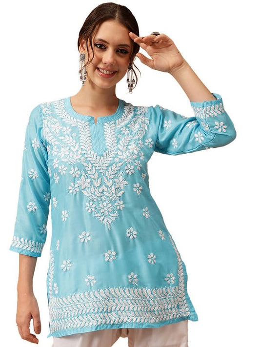 Ada Hand Embroidered Lucknowi Chikankari Muslin Straight Top Tunic Short Kurti for Women A911424 Blue (XS)