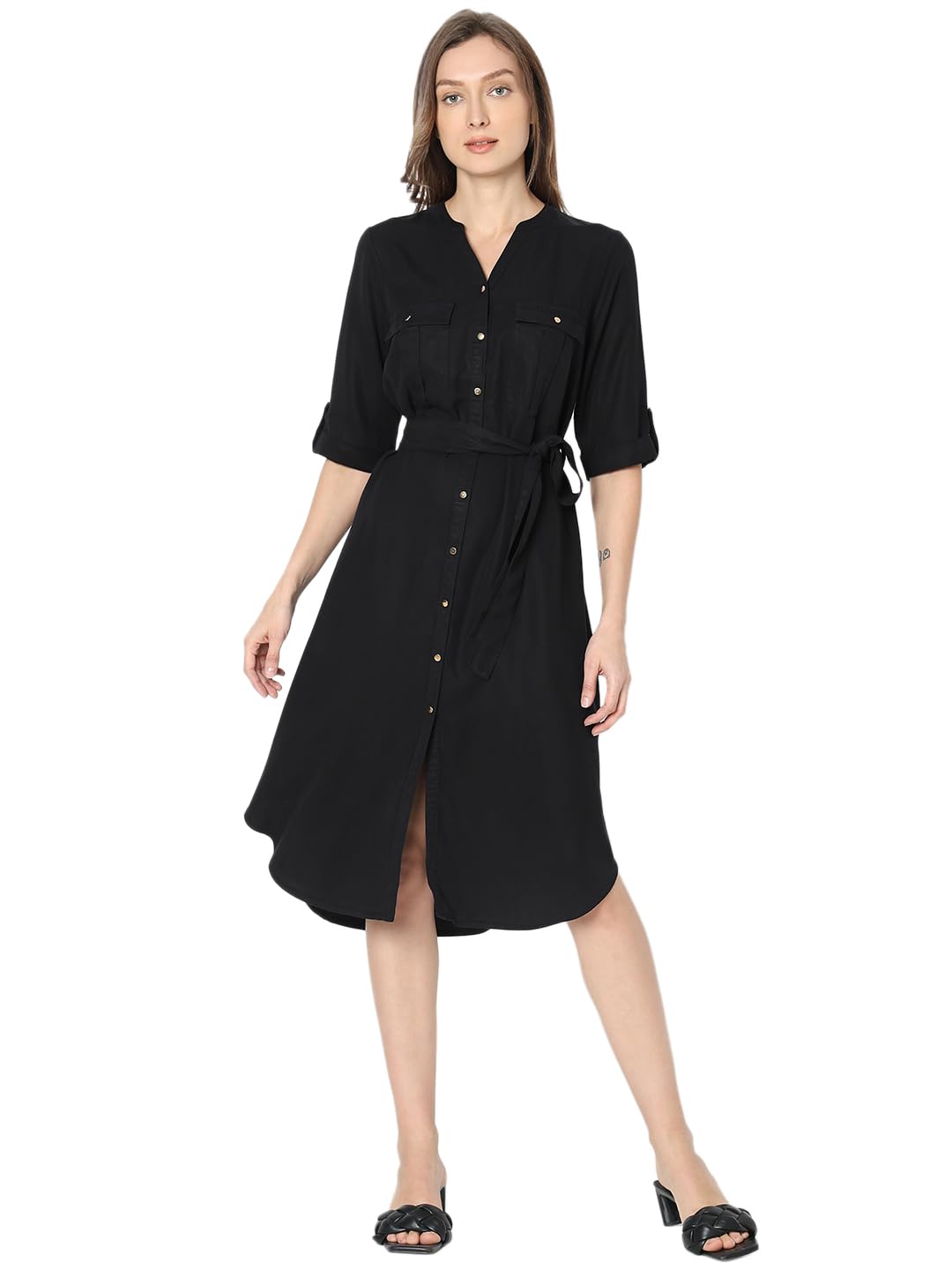 Vero Moda Women's Polyester Blend Classic Below The Knee Dress (10319956-Jet Black_Jet