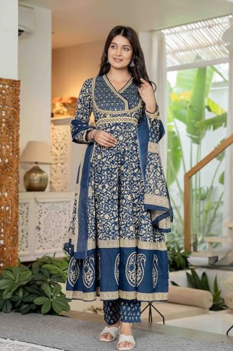 Pistaa's Women's Pure Cotton Anarkali Floral Printed Hand Work Kurta with Pant & Dupatta Set (Royal Midnight Blue, Large)