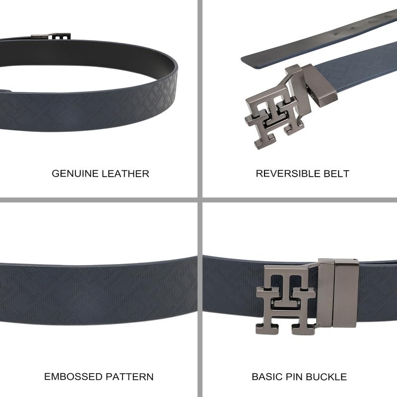 Tommy Hilfiger Men's Farley Reversible Leather Belt - Navy + Black - Brushed Gunmetal Monogram Buckle | S 80cm | Ideal for Gifting