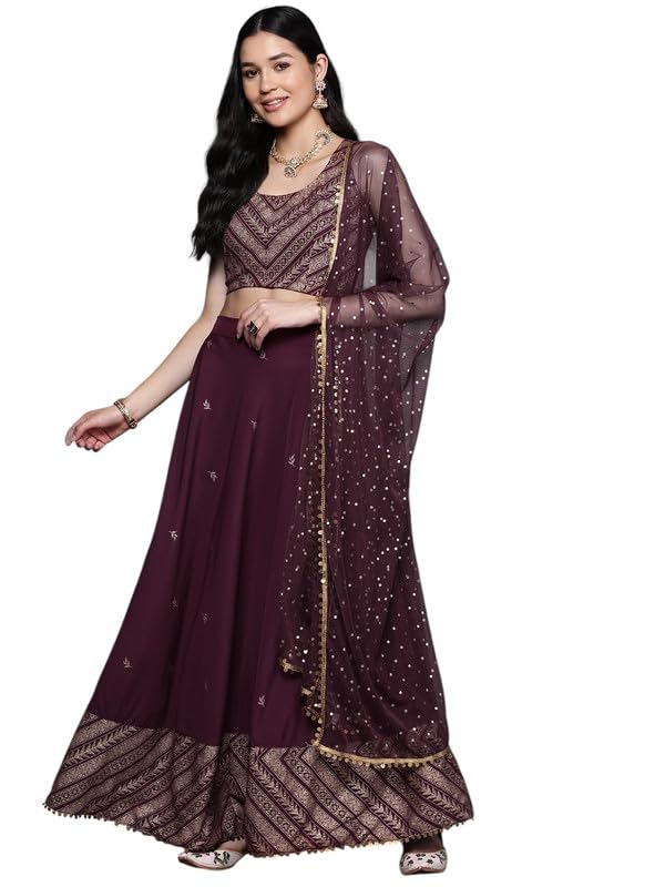 Printed Sequinned Foil Print Ready to Wear Lehenga & Blouse With Dupatta
