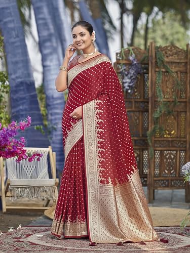 MANOHARI Women's Most Trendy Banarasi Satin Silk Woven Red Saree With Heavy Jacquard Work Saree With Blouse Piece_MN2023