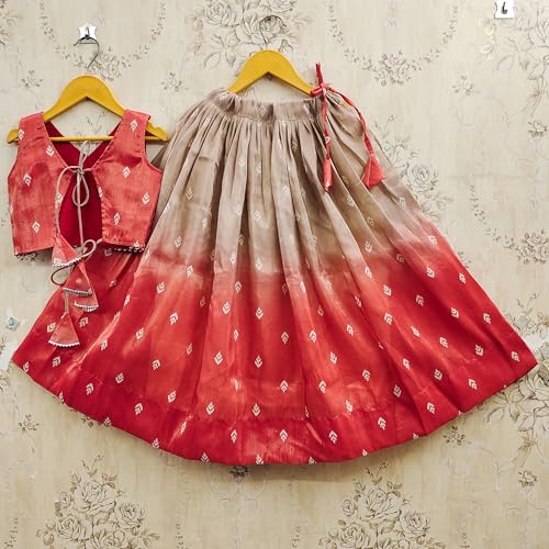 Kidsella Girls Soft Silk Printed Lehenga Choli Set | Kids Readymade Ethnic Wear | Girls Traditional Dress (Red, 3-4 Years)