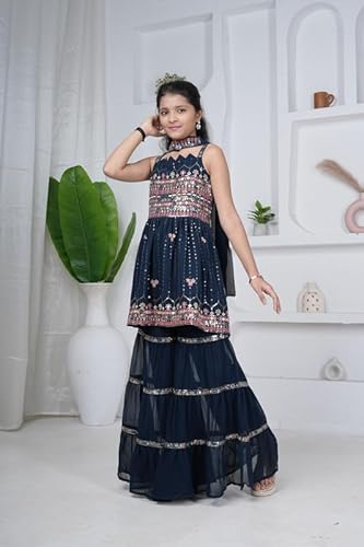 DIGILINE Girls Sharara Set Blue Georgette Embroidered Kurti Sharara Dupatta | Sleeveless Square Neck Anarkali Style Ethnic Set for Girls