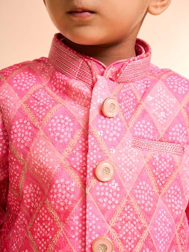 Manyavar Boys Cotton Blend Bandhani Print Kurta Jacket Set (Pink,5-6Y)