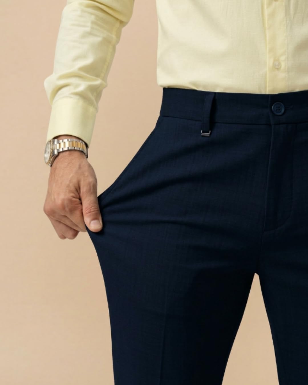 SaintX Men's Premium 4-Way Solid-Stretchable Formal Pants | Performance Grade Pro Weave Anti-Wrinkle Fabric | Slim Fit Trouser | Shirt Gripping Expandable Waist | Executive Office Wear (ST02_Navy_32)