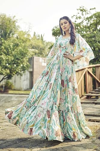 Samprag Rayon Gown for Women | Full Length | Printed | Fit & Flare | Flared & Bell Sleeves | Round Neck | Ethenic Dress | Ideal for Casual, Wedding & Party Occassions | Off-White & Pink | XL