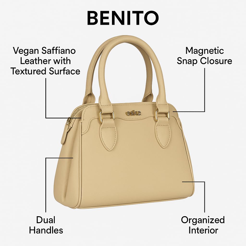 eske Benito Vegan Leather Handbag, Dual Compartment, Magnetic Snap Closure, Textured Saffiano Finish (Stone)