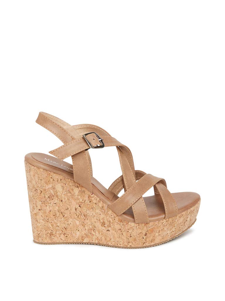 Marc Loire Women's Open Toe Fashion High Heel Buckled Closure Wedges Sandals (Tan, 7)