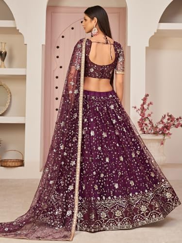 Zeel Clothing Womens Net Lehenga Choli Semi-Stitched Wine Wedding Bridal Free Size