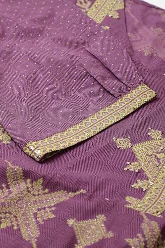 W for Woman Women's Cotton Plus Size Purple Festive Gathered Dress with Sequin Calf Length Orchid - SaumyasStore