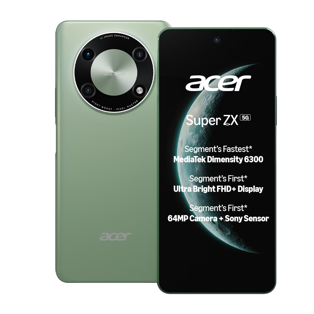 Acer Super ZX 5G (Cosmic Green, 6GB RAM, 128GB Storage) | 120 Hz FHD+ Display | 5000 mAh Ultra-Thin Battery | Dimensity 6300 5G Processor | Sony 64MP AI Camera