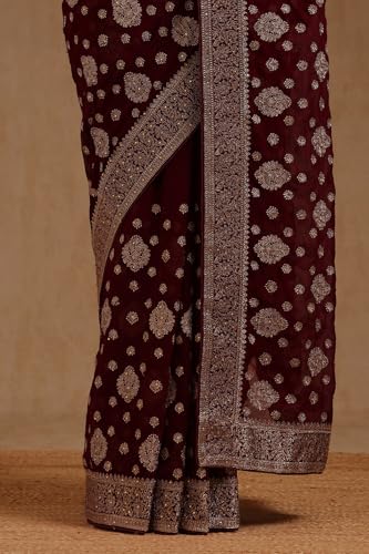 Soch Womens Wine Georgette Embroidered Saree With Stone Work