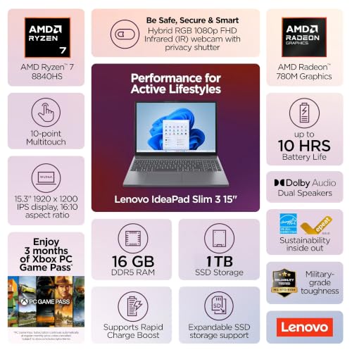 Lenovo IdeaPad Slim 3 15.3" WUXGA(1920 x 1200) IPS Touch Laptop, AMD Ryzen 7 8840HS, 16GB RAM 1TB SSD, Wi-Fi 6 USB-C, Full HD Webcam, Bluetooth, Windows 11, Luna Grey, w/USB Hub, W/GaLiMu
