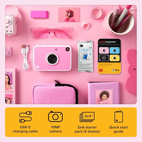 Kodak Printomatic+ Full Color Instant Print Digital Camera Gift Bundle + Case + Zink 2x3 Sticky Back Photo Paper 20pk + Album + Sticker Sets + Sticker Frames + Hanging Frames + Markers - Pink