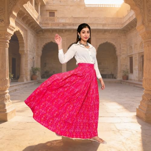 Aaheli Women’s Printed Bandhani Shirt and Skirt Set | Laasya Ethnic Co-Ord Set with Long Shirt and Flared Maxi Skirt | Traditional Festive Occasion Wear Outfit | White & Pink