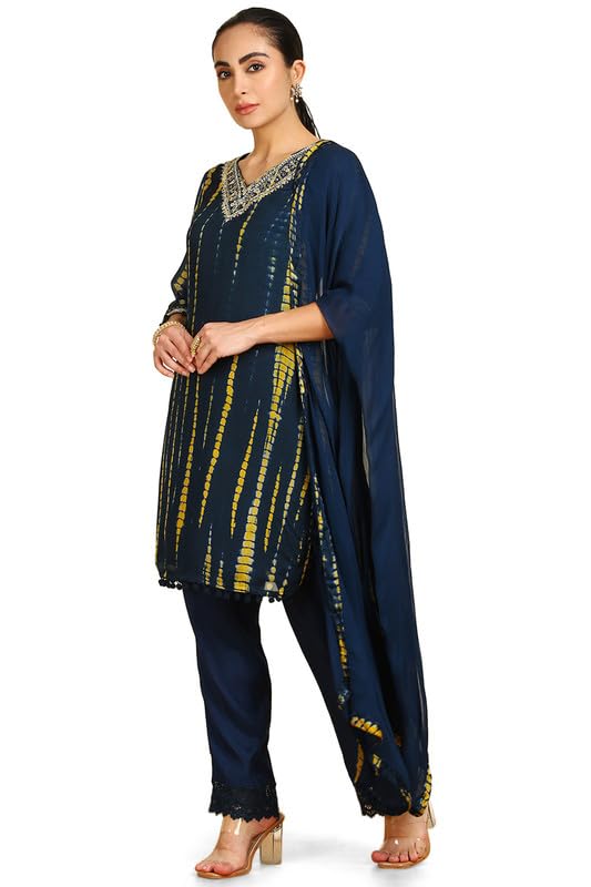 Soch Womens Blue Abstract Print Chinon Suit Set with Faux Mirrors & Sequins