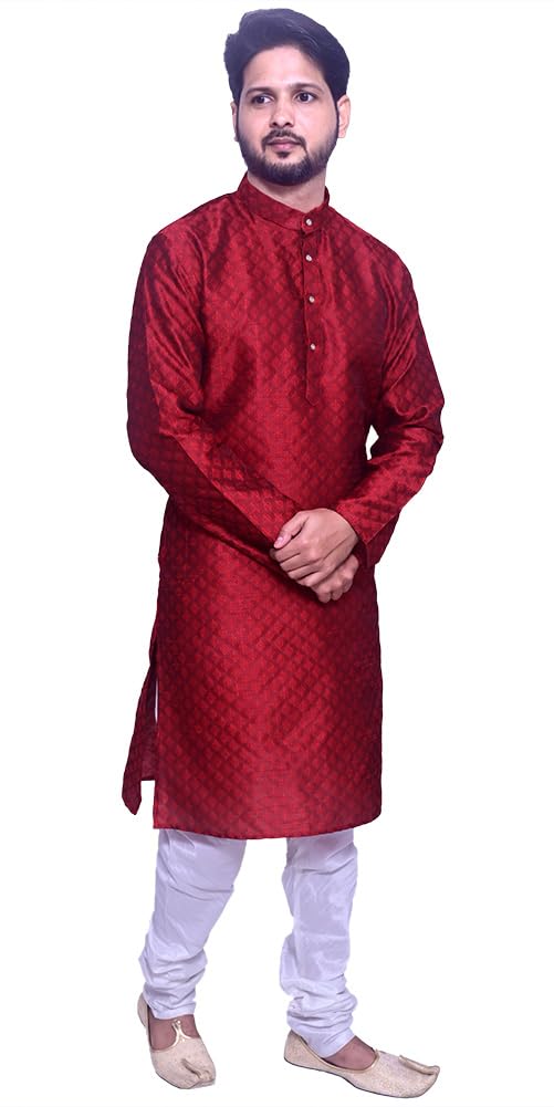 Om Shubh Mangalam Men's Booti Jacquard Red Kurta White Pajama For Wedding