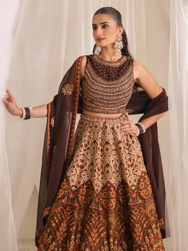 Woman's Printed brown raw silk lehenga choli