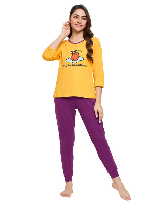 Clovia Women's Cotton Graphic Print Top & Solid Pyjama Set (LS0581P07_Yellow_XXL)