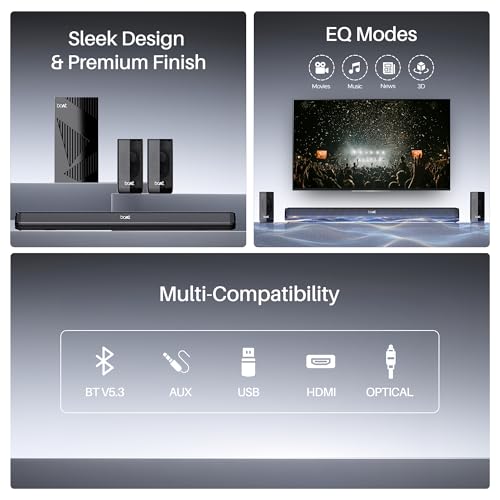 Boat Aavante Bar 3200D Pro, Dolby Audio, 400W Sound, Wireless Satellite Speakers, 5.1CH, DSP for Crystal Clear Sound, Bluetooth Sound bar, Home Theatre Soundbar Speaker (Premium Black)