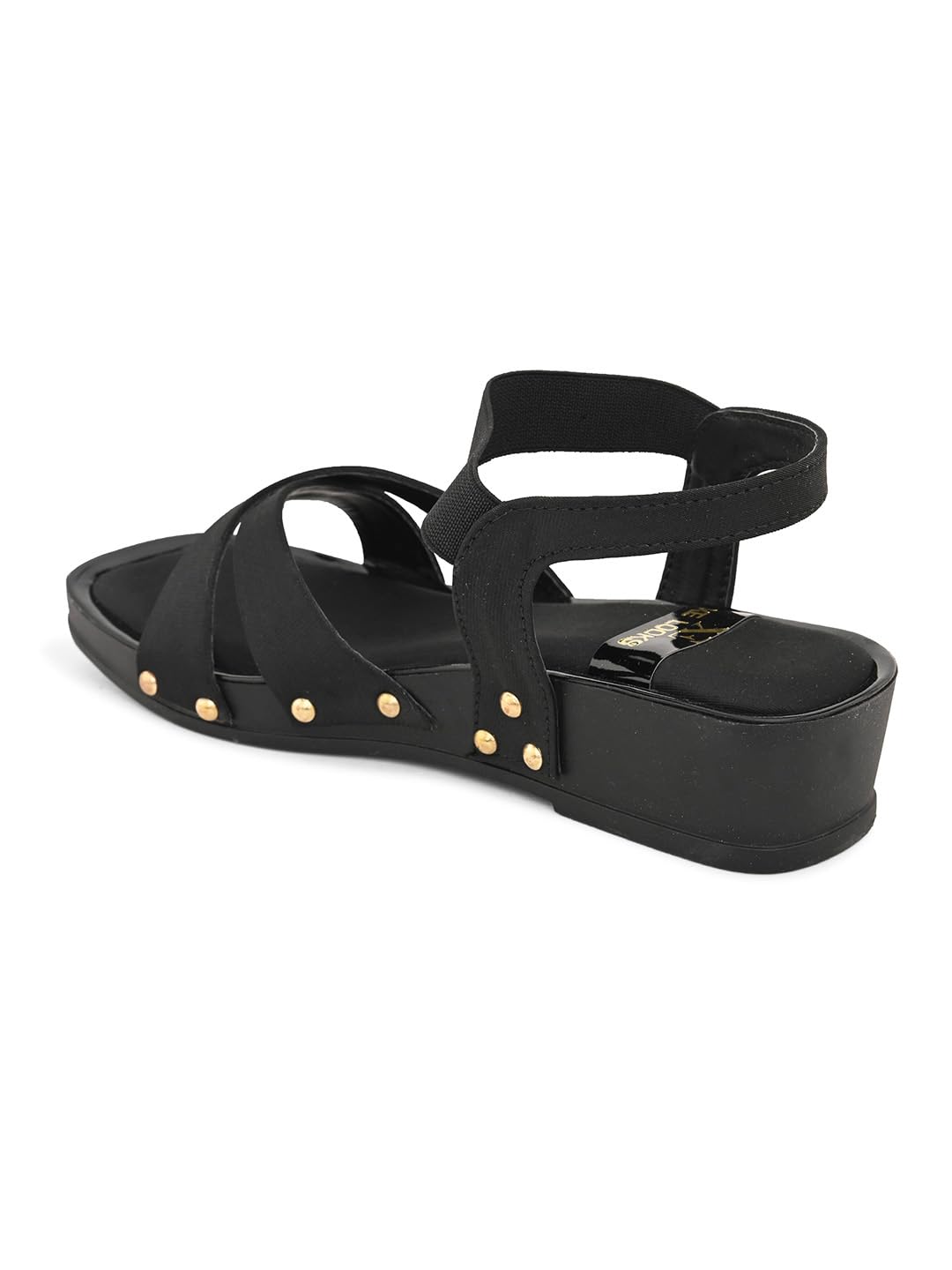 XE Looks Women's Black Wedges Sandals | Cross Strap Design with Gold Stud Detailing | Comfortable, Attractive & Fancy Ankle Strap-Wedges Cushioned Footbed | Trendy Wedges Sandals For Girls & Women