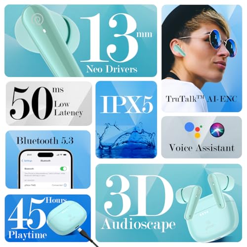 pTron Basspods Tour TWS Earbuds with 3D AudioScape, 45Hrs Playtime, TruTalk AI-ENC Calls, 50ms Low Latency Sync, BT v5.3, Type-C Fast Charging, Voice Asst. & IPX5 Water Resistant (Mint Julep)