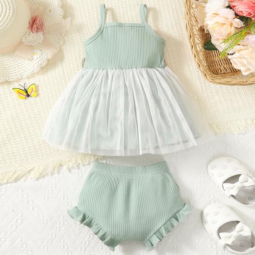 Hopscotch Baby Girls Embellished Print Sleeveless Mint Short set For Ages (9-12 Months)