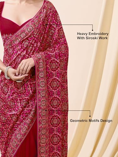 TRENDMALLS Women's Vichitra Silk Embroidery Work Saree with Unstitch Blouse Piece (K1088-Red)