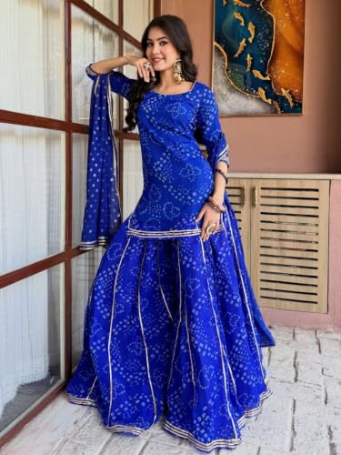 Women's Bandhani Printed Kurta Set With Dupatta And Sharara