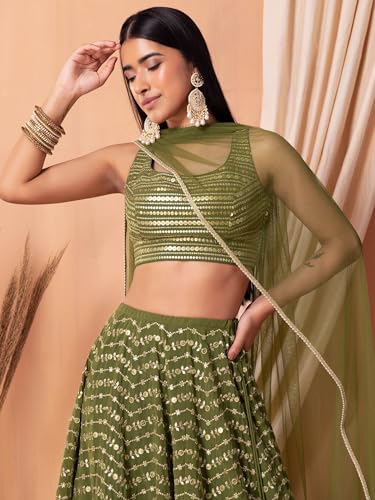 Zeel Clothing Women's Sequins Zari Embroidered Georgette Designer Lehenga Choli with Dupatta (7093-Green-Womens-Lehenga-Choli-Latest; Free Size) (Green)