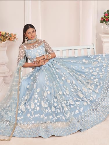 Zeel Clothing Womens Net Lehenga Choli Semi-Stitched Skyblue Wedding Bridal Free Size