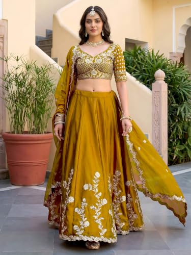 Zeel Clothing Women's Thread and Sequins Embroidered Work Silk Lehenga Choli With Dupatta (5135-Yellow-Women-Lehenga-Choli-Latest; Free size) (Yellow)