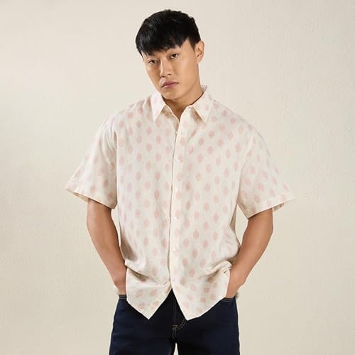 MARK & ALBERT Men's Linen Regular Fit Half Sleeves Casual Printed Stylish Shirt Pink
