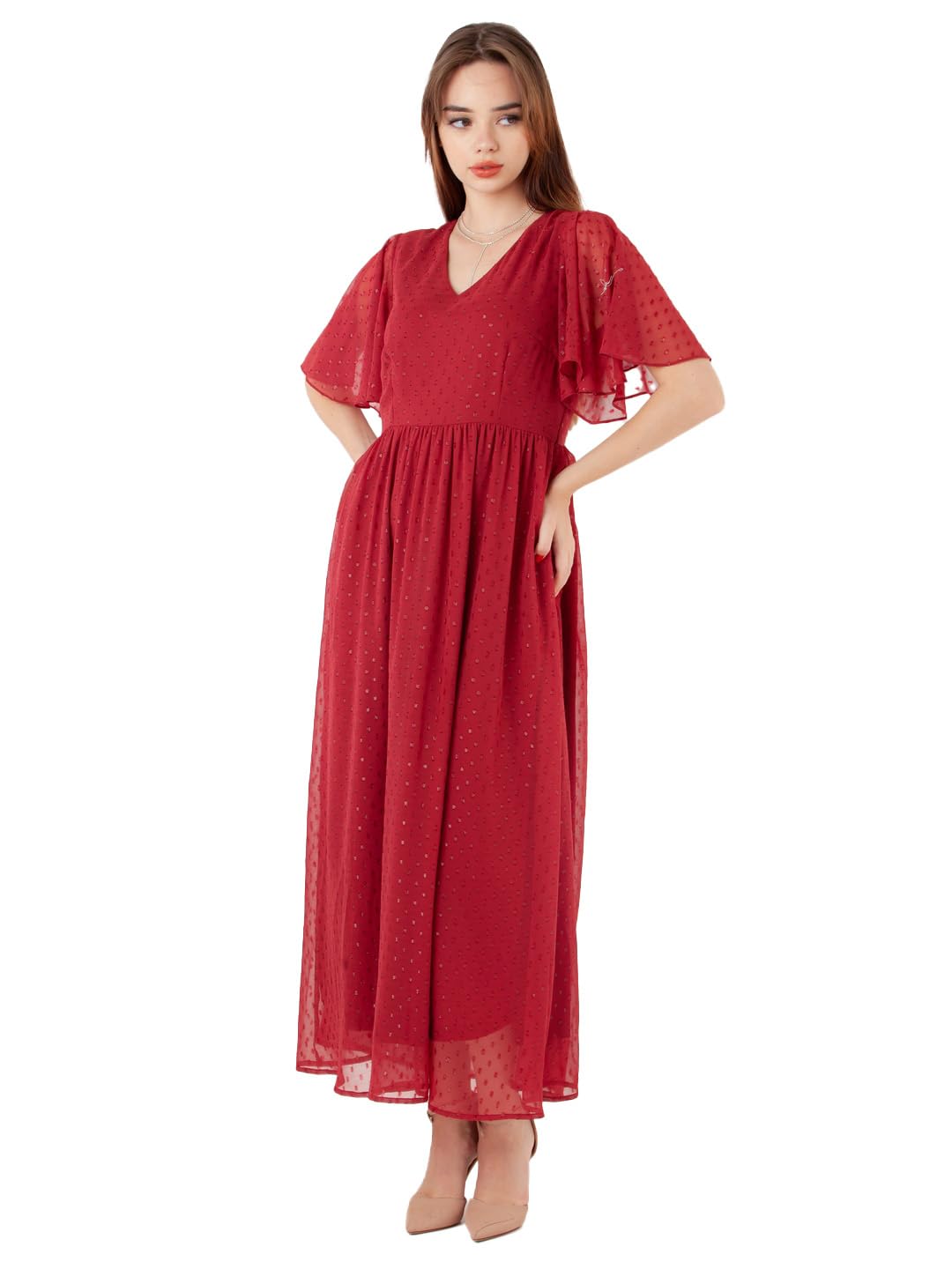 Zink London Women's Maroon Self Design Regular Maxi Dress