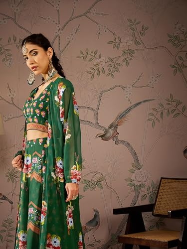 Green Multi Floral Crop Top With Anarkali Skirt & Shrug