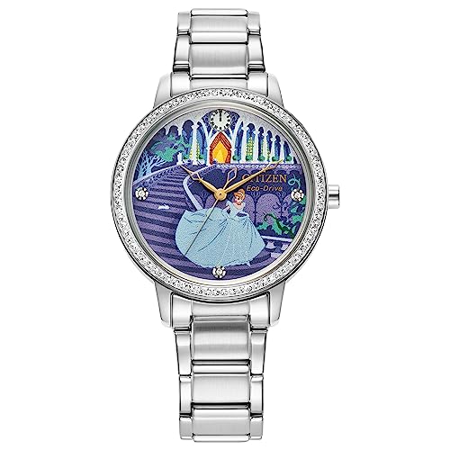 Citizen Women's Eco-Drive Disney Princess Cinderella Crystal Watch and Pin Gift Set in Silver Stainless Steel Watch, Blue Dial (Model: FE7041-51W), Silver, 5 1/2 inches, Modern