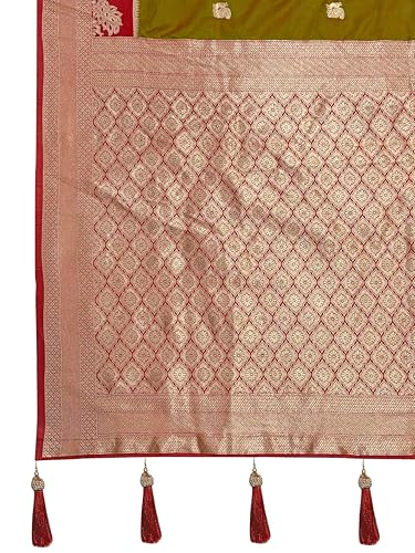 MANOHARI Women's Most Trendy Banarasi Satin Silk Woven Olive Green Animal Design Pattern Pattern Saree With Heavy Jacquard Work Saree With Blouse Piece_MN2037