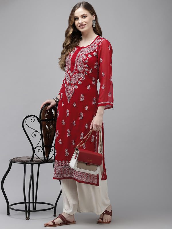 Ada Women Polyester Regular Fit Hand Embroidered Lucknowi Kurta Kurti with Slip A411349 Maroon (M)